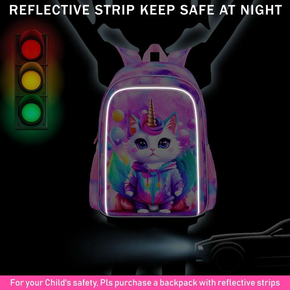 KLFVB 3PCS Girls Cat Backpack, Water Resistant Kids Unicorn Bookbag with Lunch Box, 16" Preschool Backpacks for Elementary - Cat Pink
