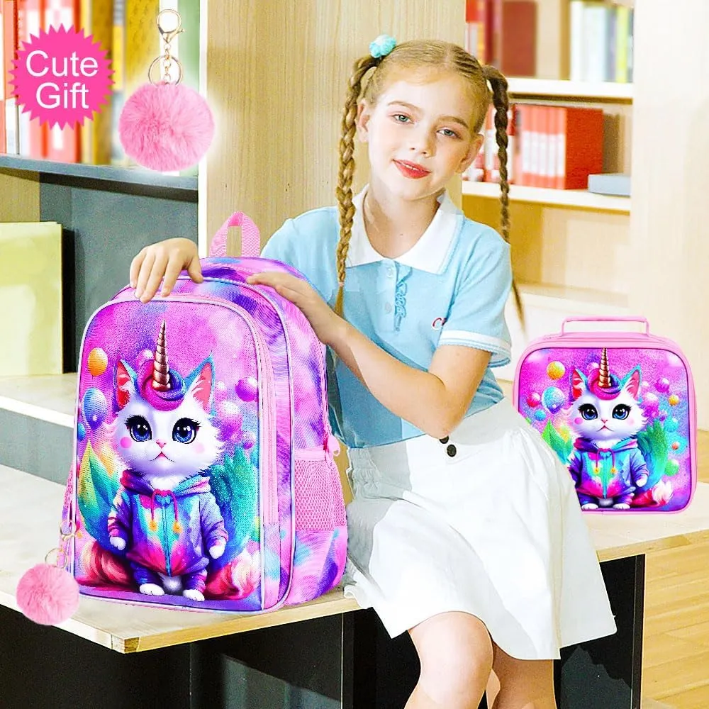KLFVB 3PCS Girls Cat Backpack, Water Resistant Kids Unicorn Bookbag with Lunch Box, 16" Preschool Backpacks for Elementary - Cat Pink