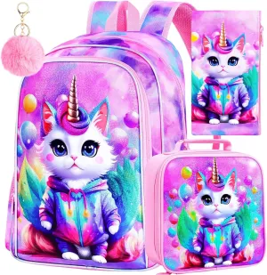 KLFVB 3PCS Girls Cat Backpack, Water Resistant Kids Unicorn Bookbag with Lunch Box, 16" Preschool Backpacks for Elementary - Cat Pink