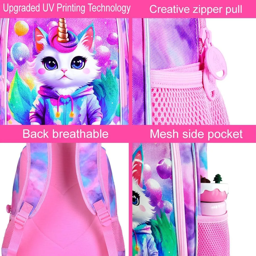 KLFVB 3PCS Girls Cat Backpack, Water Resistant Kids Unicorn Bookbag with Lunch Box, 16" Preschool Backpacks for Elementary - Cat Pink