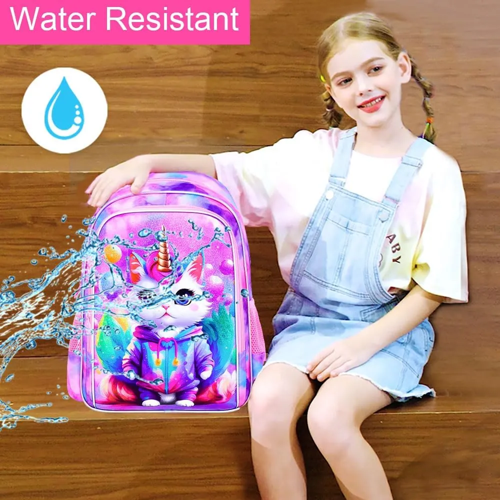 KLFVB 3PCS Girls Cat Backpack, Water Resistant Kids Unicorn Bookbag with Lunch Box, 16" Preschool Backpacks for Elementary - Cat Pink