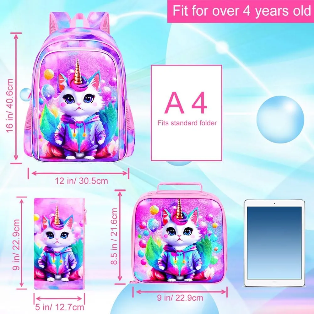 KLFVB 3PCS Girls Cat Backpack, Water Resistant Kids Unicorn Bookbag with Lunch Box, 16" Preschool Backpacks for Elementary - Cat Pink