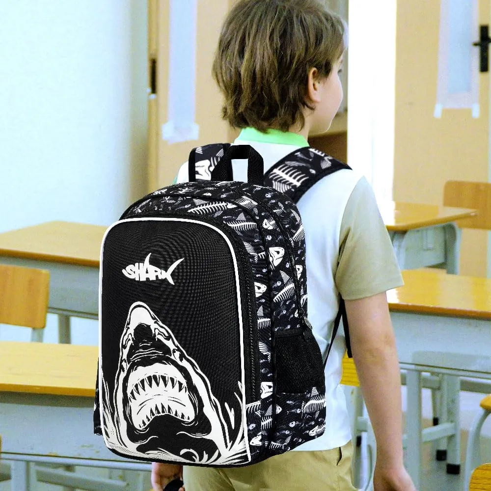 KLFVB 3PCS Shark Bookbag for Boys, Luminous School Backpacks with Lunch Box, 17" Water Resistant Kids Camo Bookbag for Middle Elementary Teens to School Travel - Luminous Shark