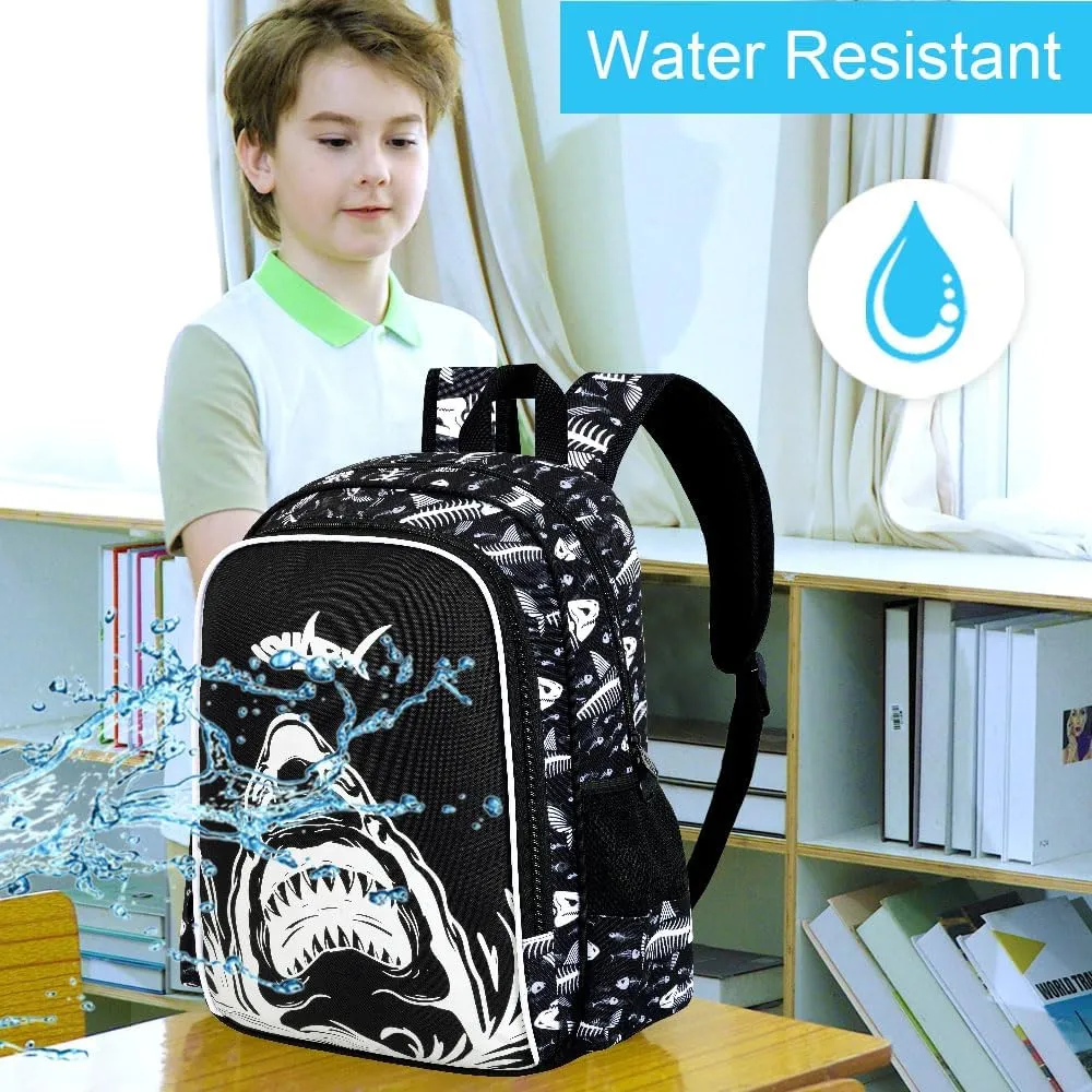 KLFVB 3PCS Shark Bookbag for Boys, Luminous School Backpacks with Lunch Box, 17" Water Resistant Kids Camo Bookbag for Middle Elementary Teens to School Travel - Luminous Shark