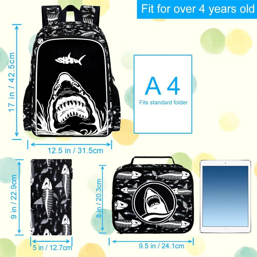 KLFVB 3PCS Shark Bookbag for Boys, Luminous School Backpacks with Lunch Box, 17" Water Resistant Kids Camo Bookbag for Middle Elementary Teens to School Travel - Luminous Shark