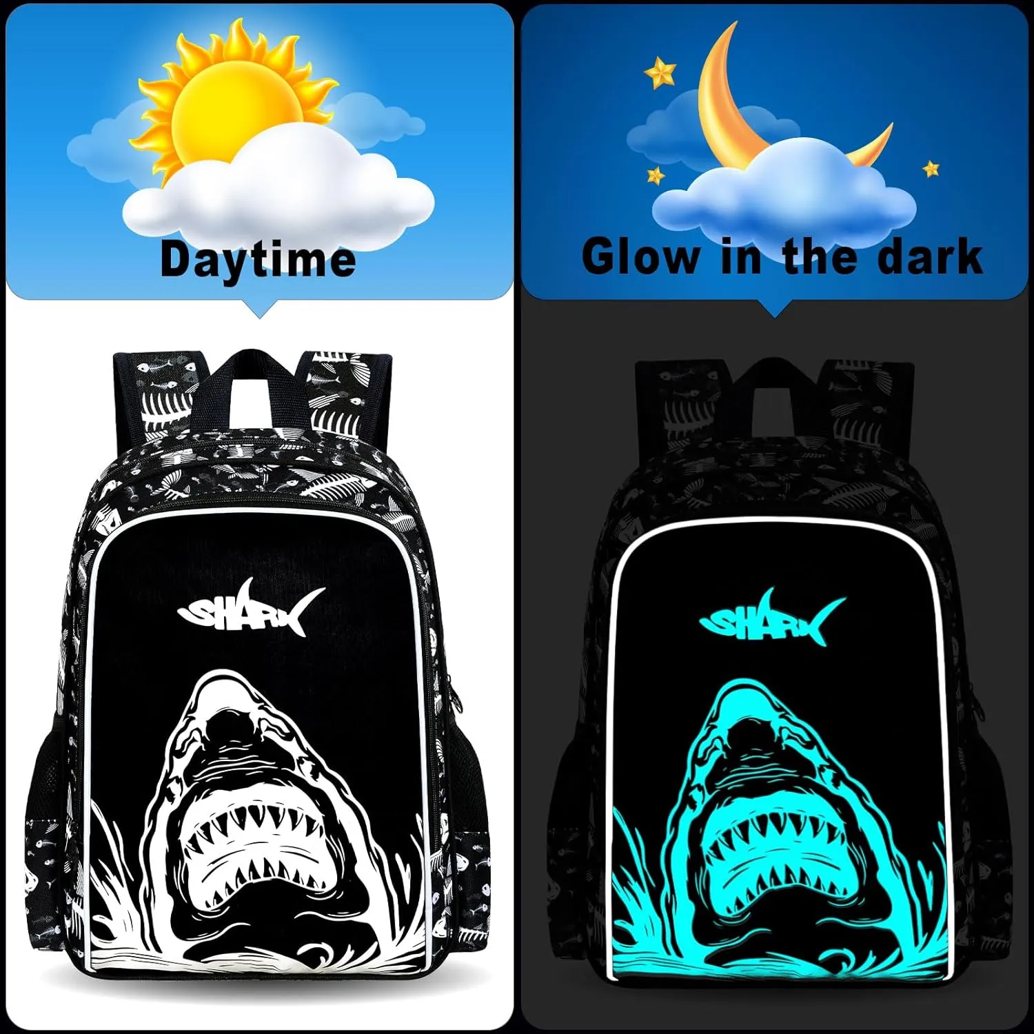 KLFVB 3PCS Shark Bookbag for Boys, Luminous School Backpacks with Lunch Box, 17" Water Resistant Kids Camo Bookbag for Middle Elementary Teens to School Travel - Luminous Shark