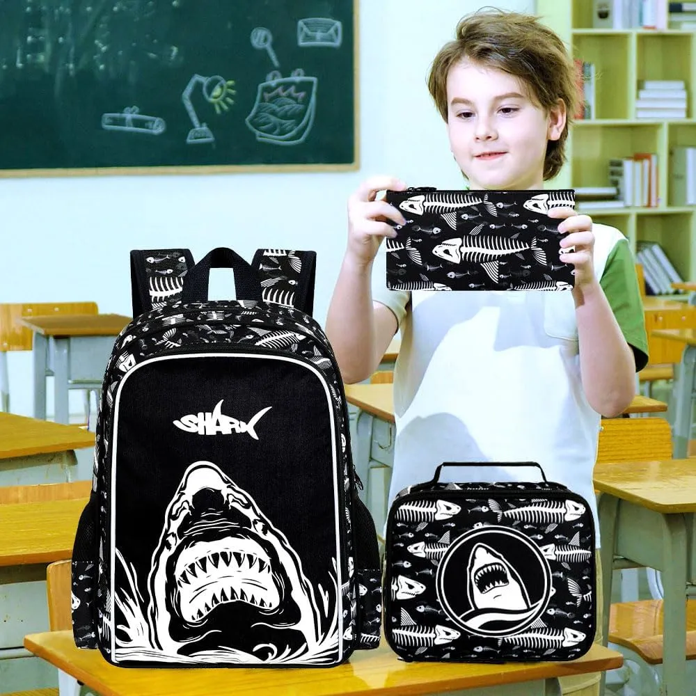 KLFVB 3PCS Shark Bookbag for Boys, Luminous School Backpacks with Lunch Box, 17" Water Resistant Kids Camo Bookbag for Middle Elementary Teens to School Travel - Luminous Shark