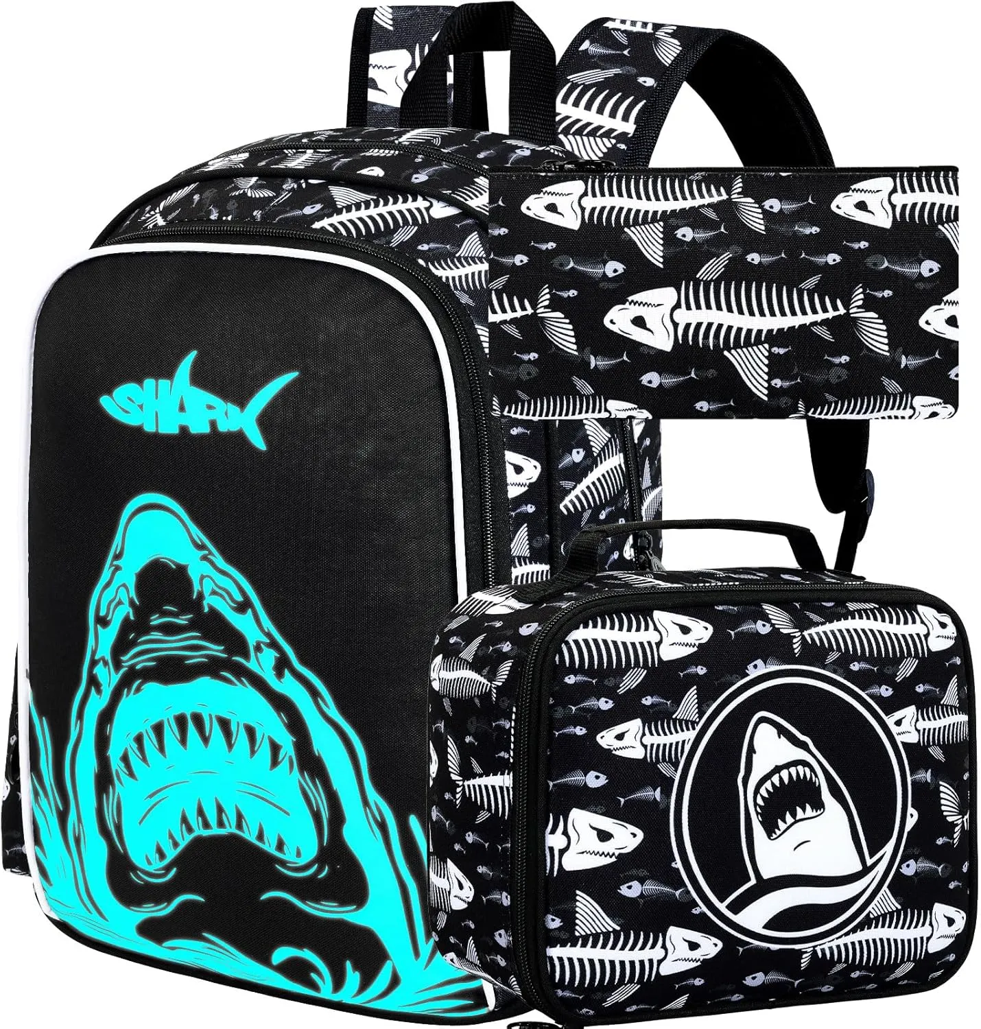 KLFVB 3PCS Shark Bookbag for Boys, Luminous School Backpacks with Lunch Box, 17" Water Resistant Kids Camo Bookbag for Middle Elementary Teens to School Travel - Luminous Shark