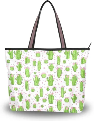 KLL silk fabric zippered handbags and purses summer chick handbags for women trendy for Everyday & Travel Green Cacti Peach Flowers Doodle size 15.7x11.4 in