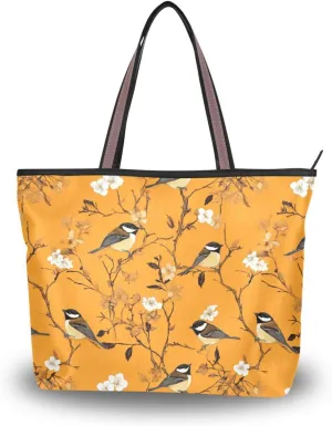 KLL silk fabric zippered tote bag women summer chick handbags for women trendy for Prom Engagement Cocktail Party Wedding Aesthetic Cute Birds Orange size 15.7x11.4 in