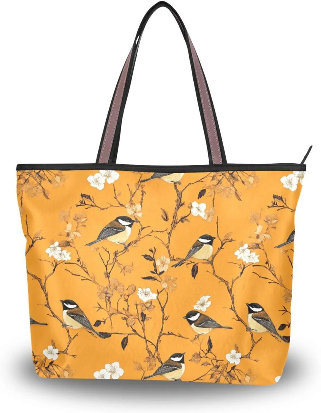 KLL silk fabric zippered tote bag women summer chick handbags for women trendy for Prom Engagement Cocktail Party Wedding Aesthetic Cute Birds Orange size 15.7x11.4 in