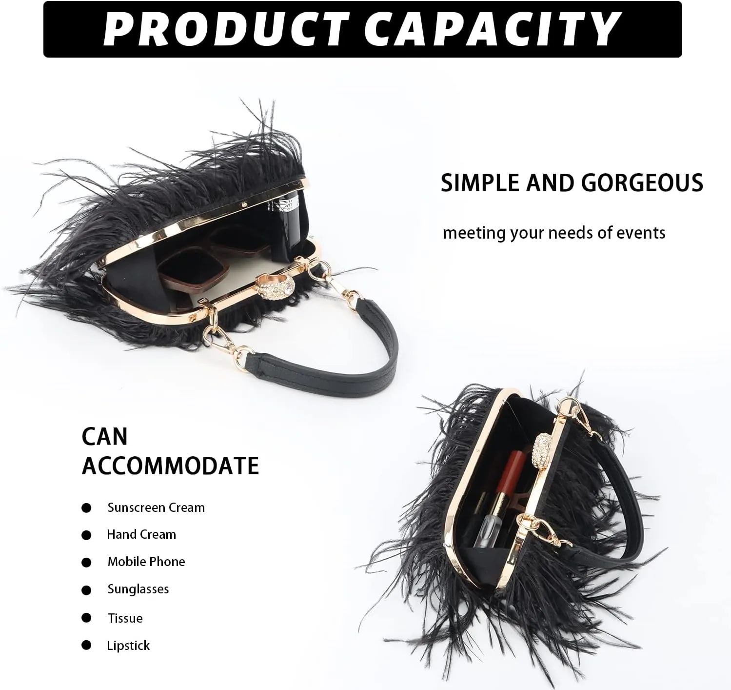 KUANG! Real Natural Ostrich Feather Clutch Evening Bag Fashion Handbag Purse for Banquet Party
