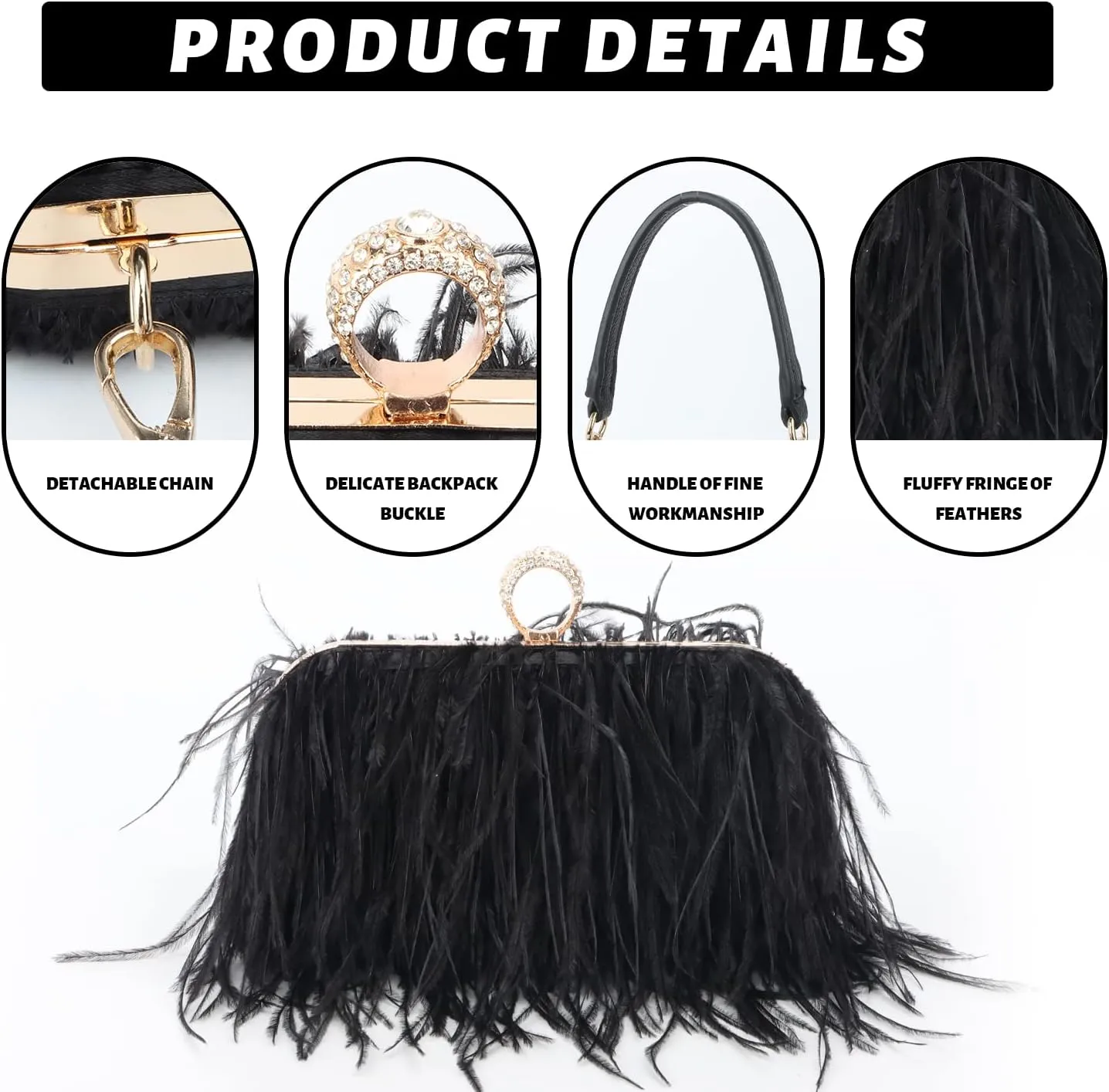 KUANG! Real Natural Ostrich Feather Clutch Evening Bag Fashion Handbag Purse for Banquet Party