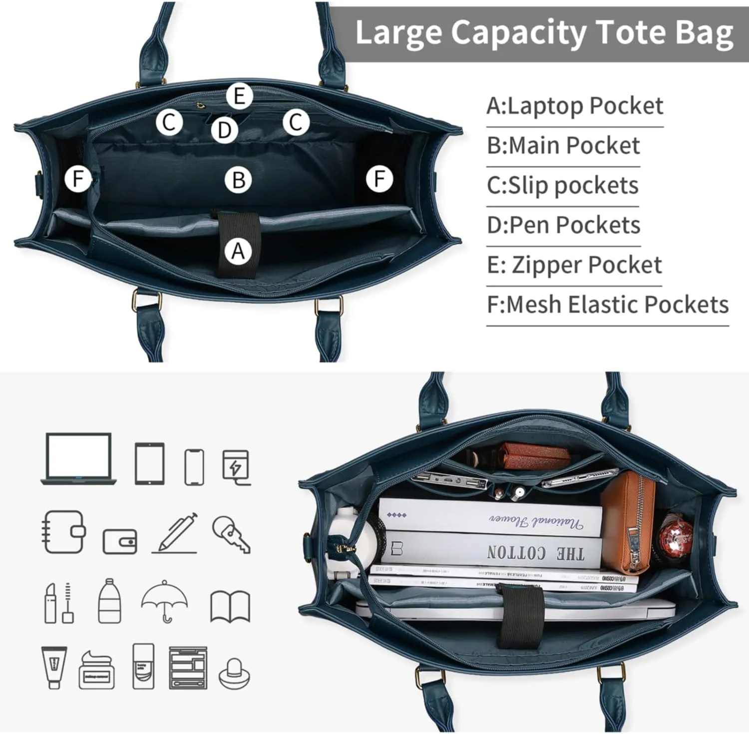 Laptop Bag for Women 15.6 Inch Laptop Tote Bag Waterproof Leather Computer Tote Bag Business Lightweight Office Briefcase Large Capacity Handbag Shoulder Bag Dark green