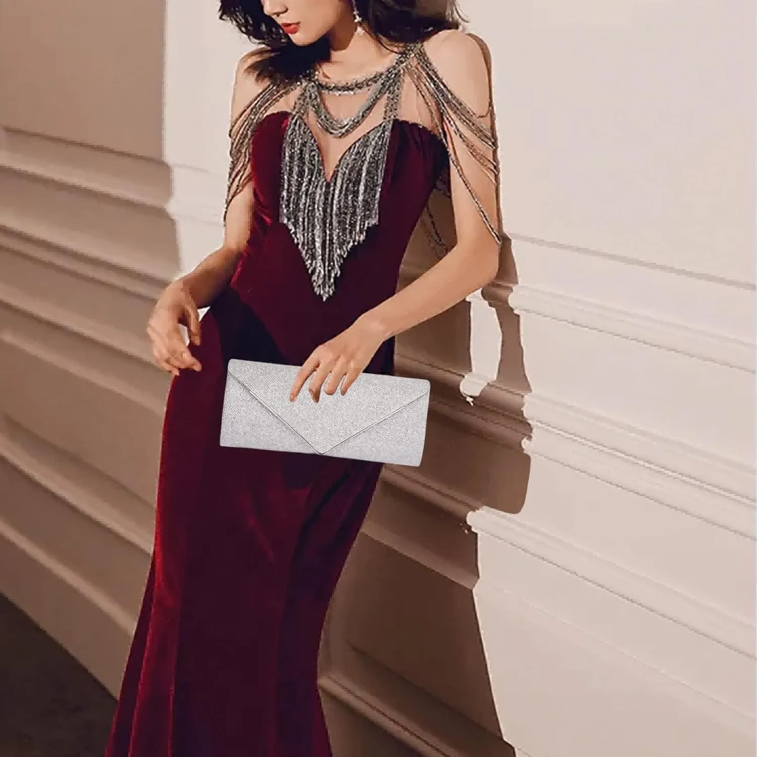 Larcenciel Clutch Purses for Women, Sparkling Envelope Evening Bag with Detachable Chain