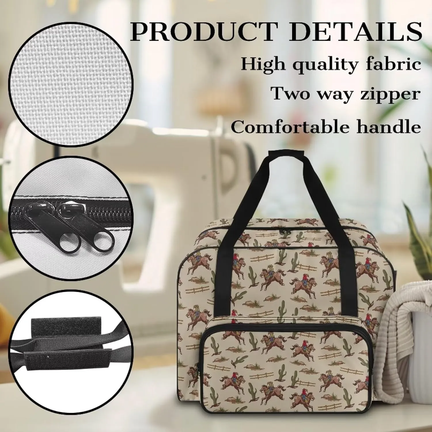 Large Capacity Carrying Tote Bag, Cowboy Cactus Print Sewing Supplies Durable Sewing Machine Bag with Comfortable Handle and Two-Way Zipper Compatible with Most Sewing Machines