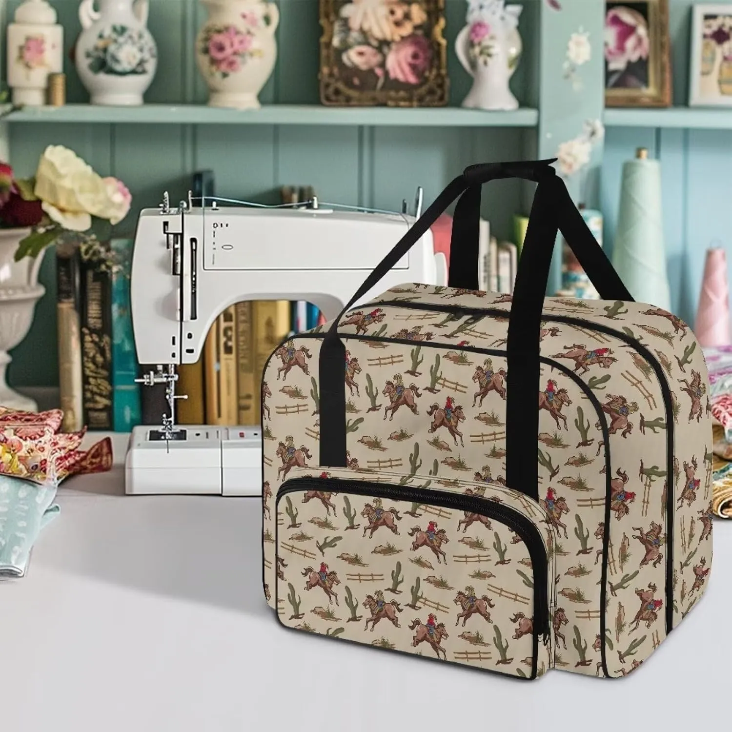 Large Capacity Carrying Tote Bag, Cowboy Cactus Print Sewing Supplies Durable Sewing Machine Bag with Comfortable Handle and Two-Way Zipper Compatible with Most Sewing Machines