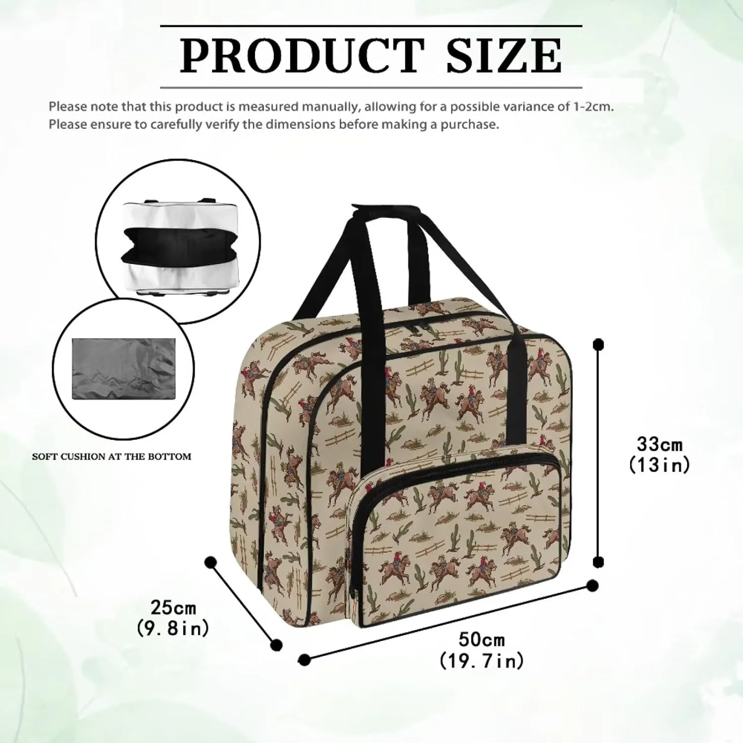 Large Capacity Carrying Tote Bag, Cowboy Cactus Print Sewing Supplies Durable Sewing Machine Bag with Comfortable Handle and Two-Way Zipper Compatible with Most Sewing Machines