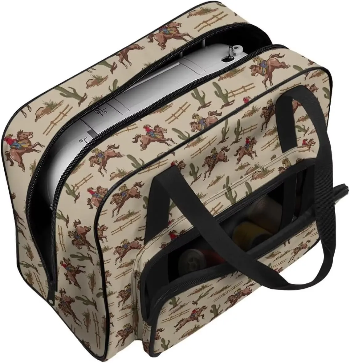 Large Capacity Carrying Tote Bag, Cowboy Cactus Print Sewing Supplies Durable Sewing Machine Bag with Comfortable Handle and Two-Way Zipper Compatible with Most Sewing Machines