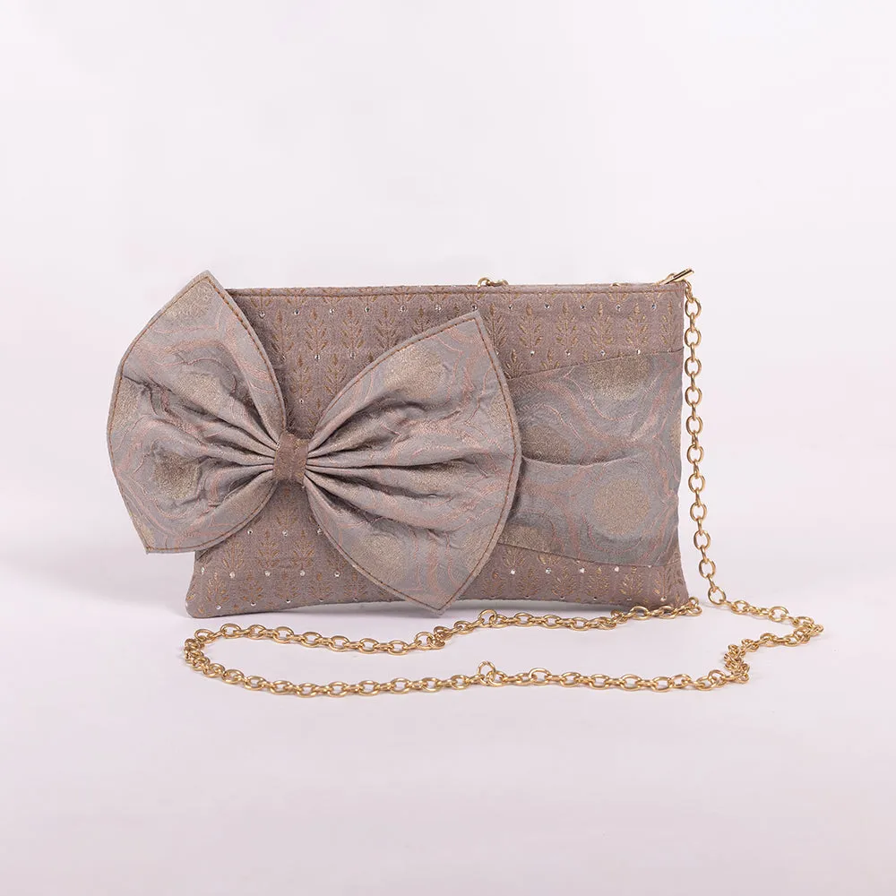 Leaf Buti Lilac Banarasi Handwoven Silk Bow Clutch