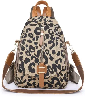 Leopard Print Backpack for Women Pu Leather Cheetah Print Shoulder Daypack Leopard Satchel Backpack with Handle Multipurpose