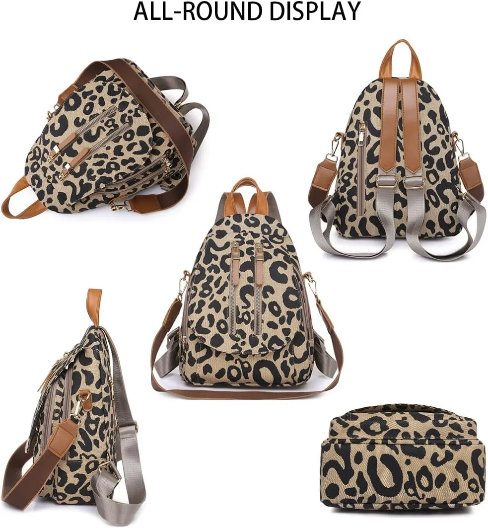 Leopard Print Backpack for Women Pu Leather Cheetah Print Shoulder Daypack Leopard Satchel Backpack with Handle Multipurpose