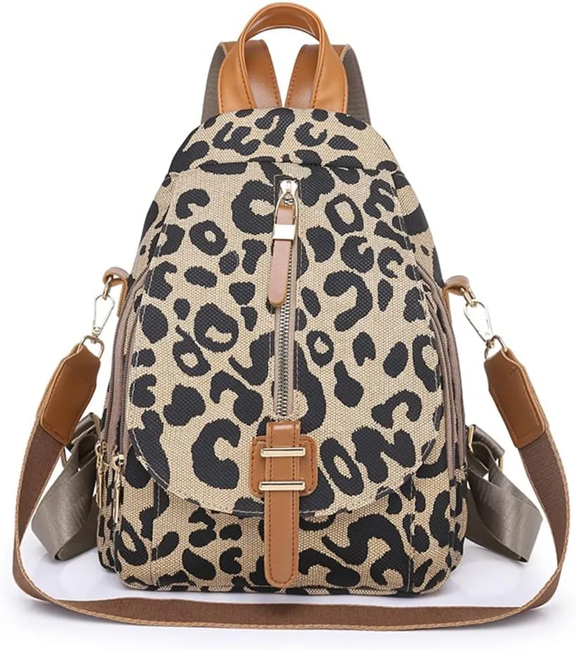Leopard Print Backpack for Women Pu Leather Cheetah Print Shoulder Daypack Leopard Satchel Backpack with Handle Multipurpose