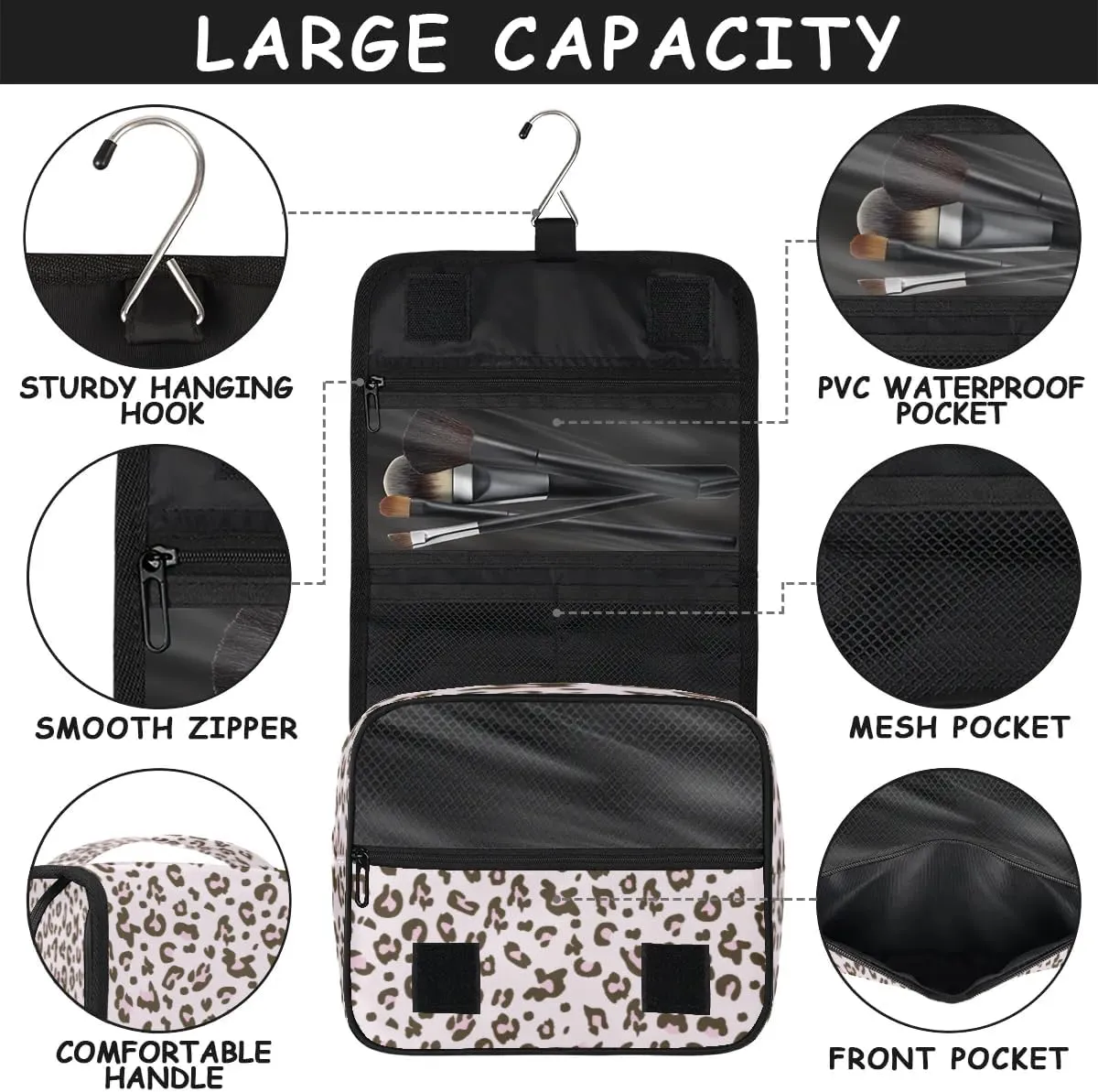 Leopard Print Hanging Toiletry Bag Waterproof Makeup Cosmetic Bag Travel Bag Organizer for Accessories Shampoo Full Sized Container Travel-Essentials Toiletry Bag