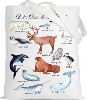 LEVLO Arctic Animal And Birds Canvas Tote Bag Gift For Arctic Animal Lover Arctic Polar Bear Caribou Narwhal Shoulder Bag
