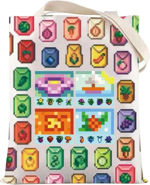LEVLO Farm Game Canvas Tote Bag Town Gamer Gift Video Gamer Shoulder Bag Pixel Game Merchandise