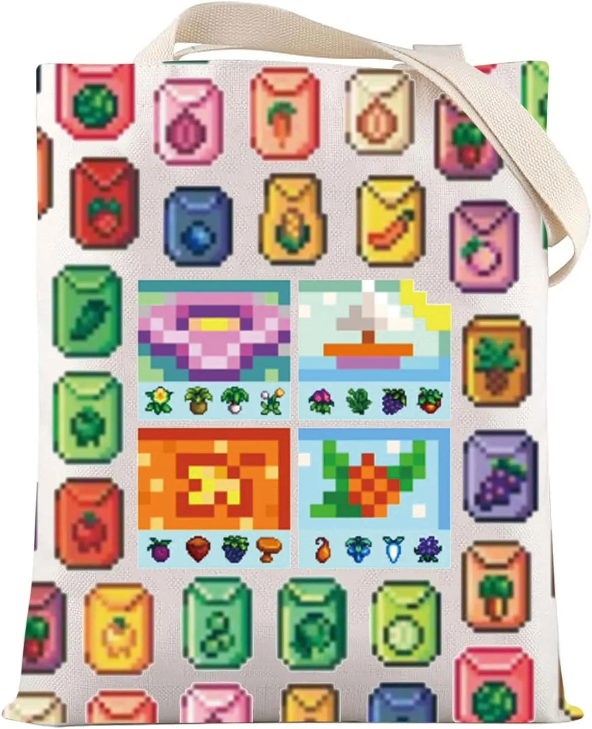 LEVLO Farm Game Canvas Tote Bag Town Gamer Gift Video Gamer Shoulder Bag Pixel Game Merchandise