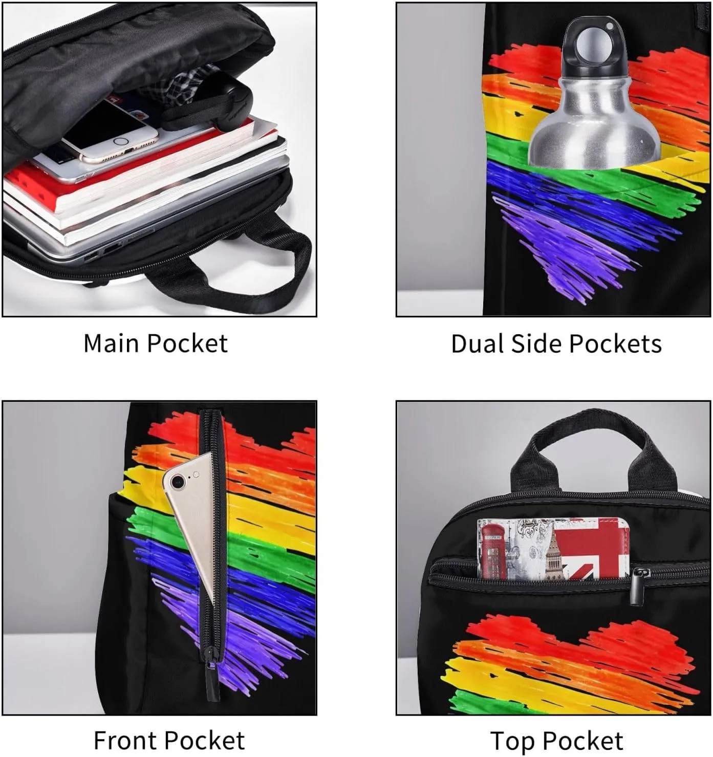 LGBT Rainbow Gay Pride Graffiti Heart Travel Laptop Backpack Casual Backpacks Double Shoulder Daypack Notebook Rucksack Work Bags Sports Bag for Hiking Camping Beach