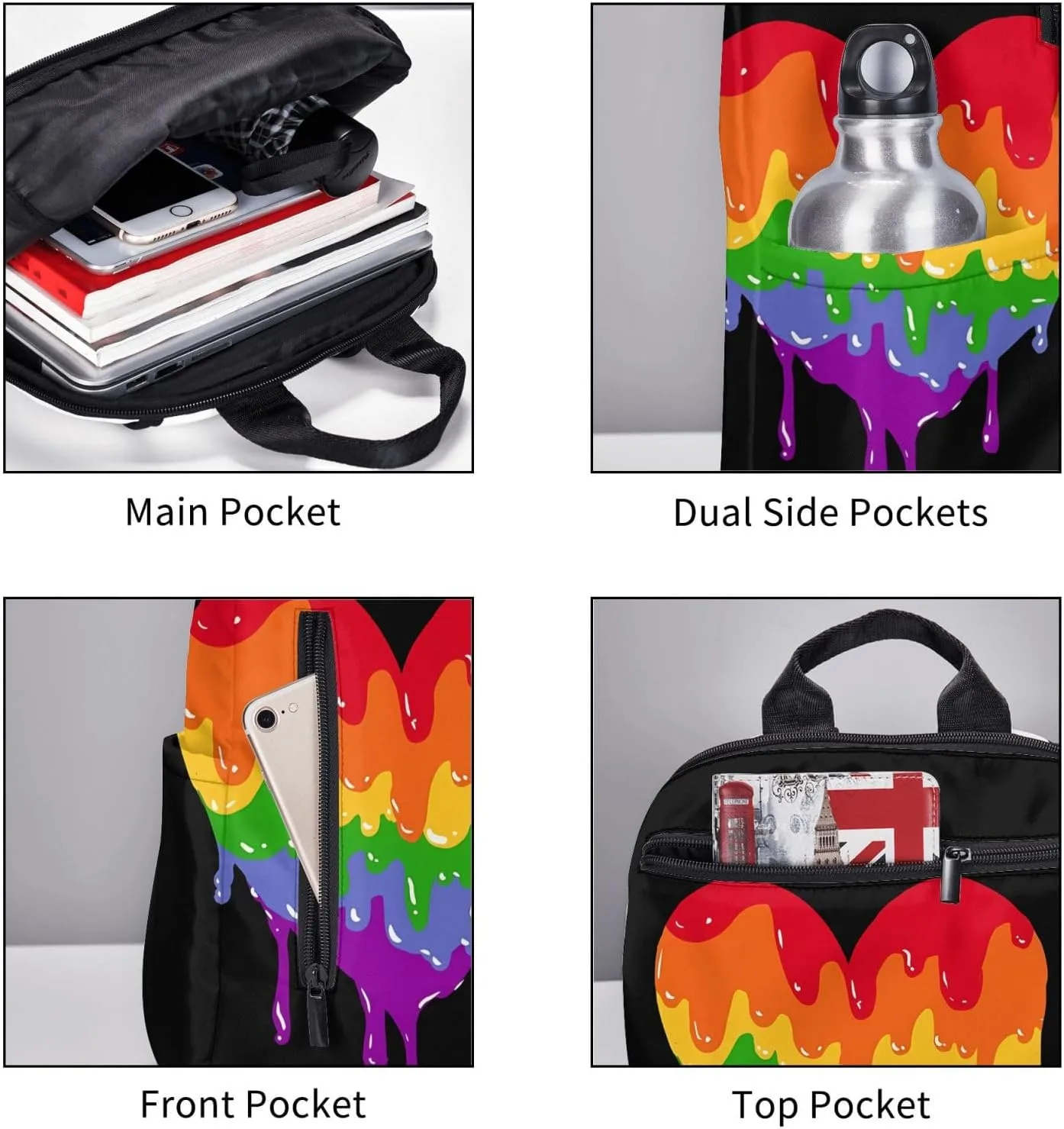 LGBT Rainbow Gay Pride Graffiti Love Heart Travel Laptop Backpack Casual Backpacks Double Shoulder Daypack Notebook Rucksack Work Bags Sports Bag for Hiking Camping Beach