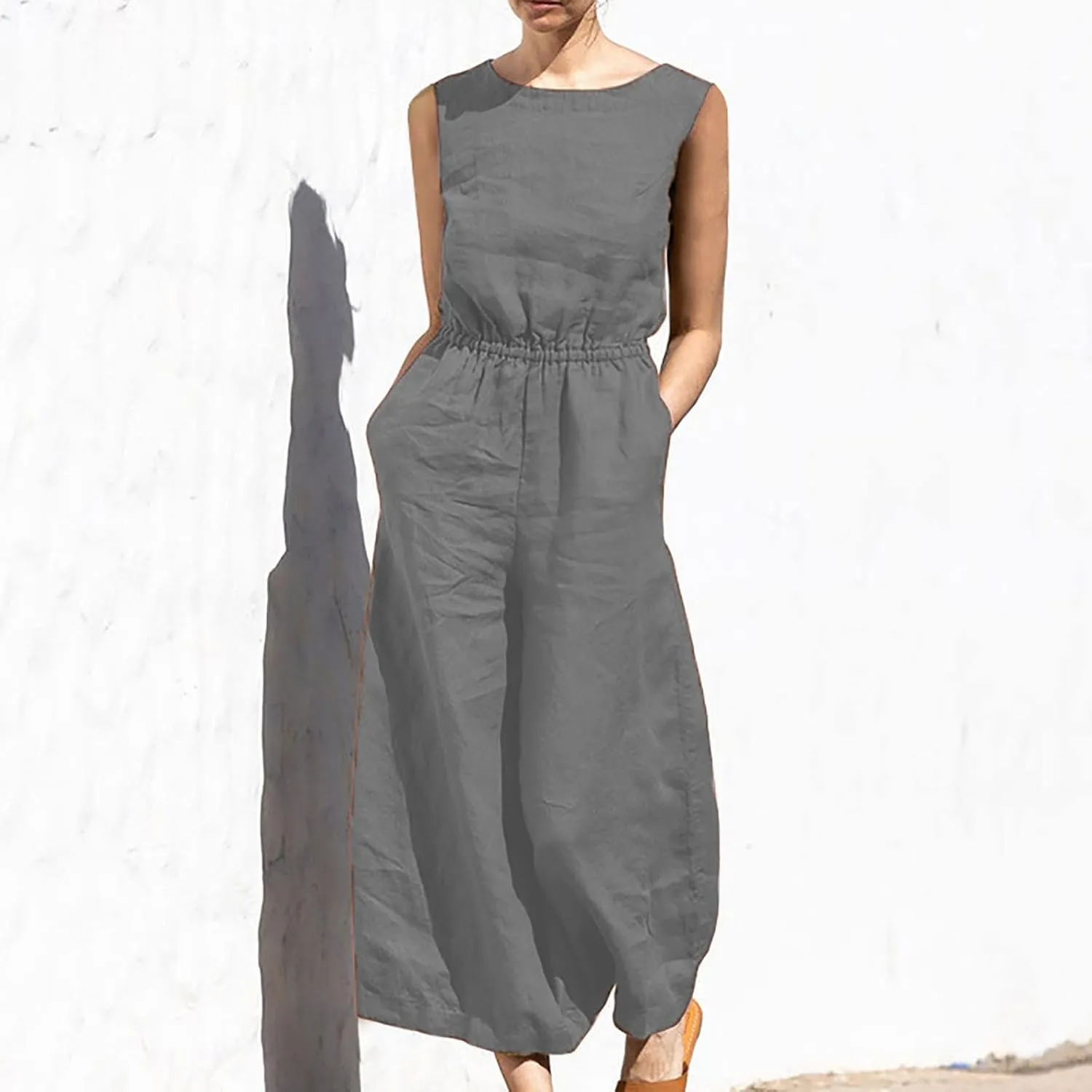 Linen Jumpsuits For Women 2025 Elegnat Wide Leg Pants Romper Plus Size One Piece Sleeveless Overalls With Pockets