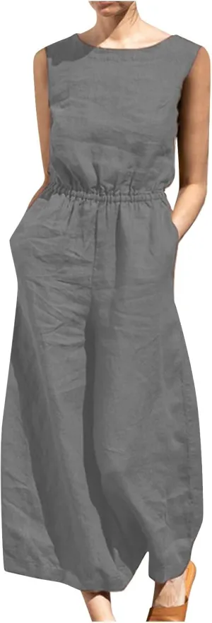 Linen Jumpsuits For Women 2025 Elegnat Wide Leg Pants Romper Plus Size One Piece Sleeveless Overalls With Pockets