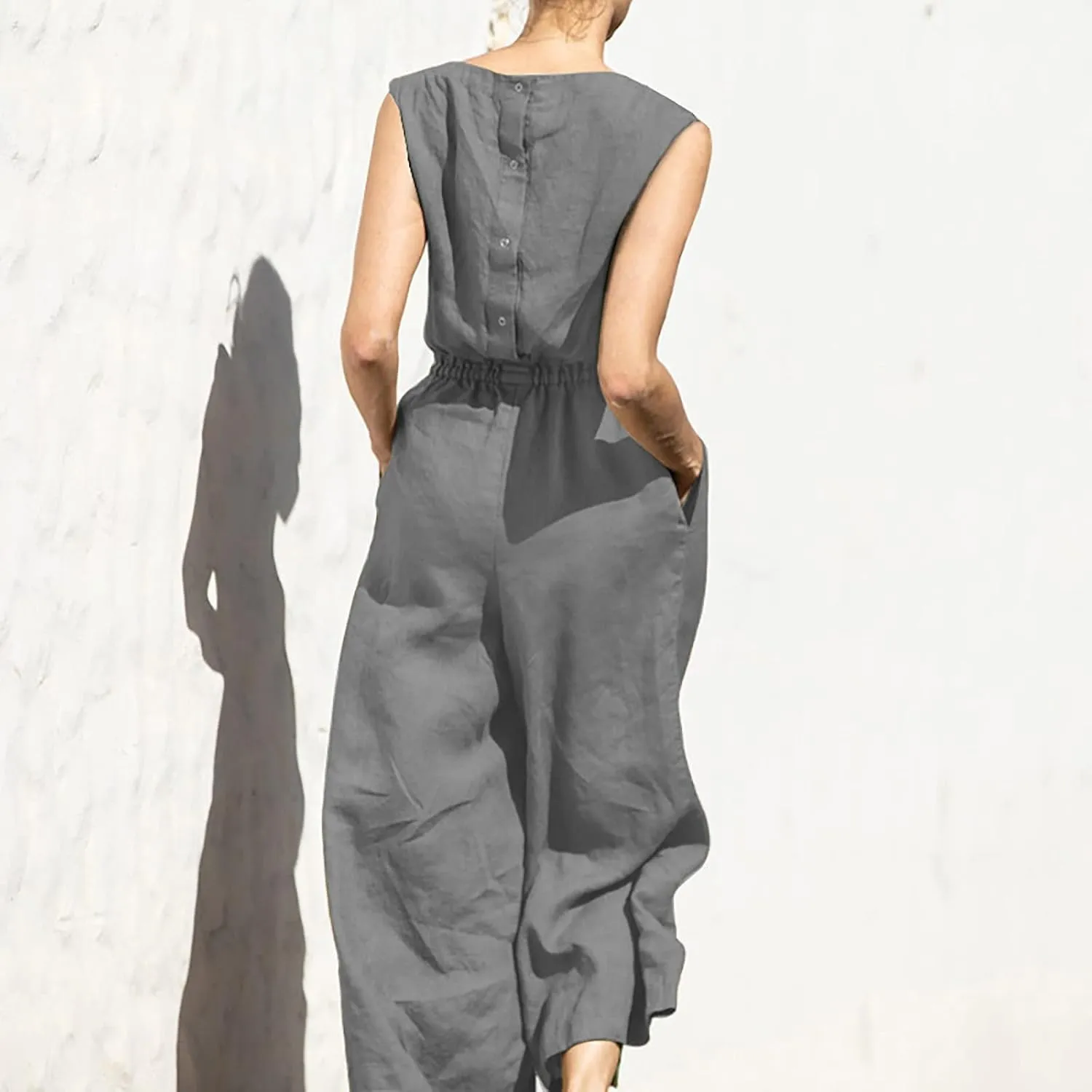 Linen Jumpsuits For Women 2025 Elegnat Wide Leg Pants Romper Plus Size One Piece Sleeveless Overalls With Pockets