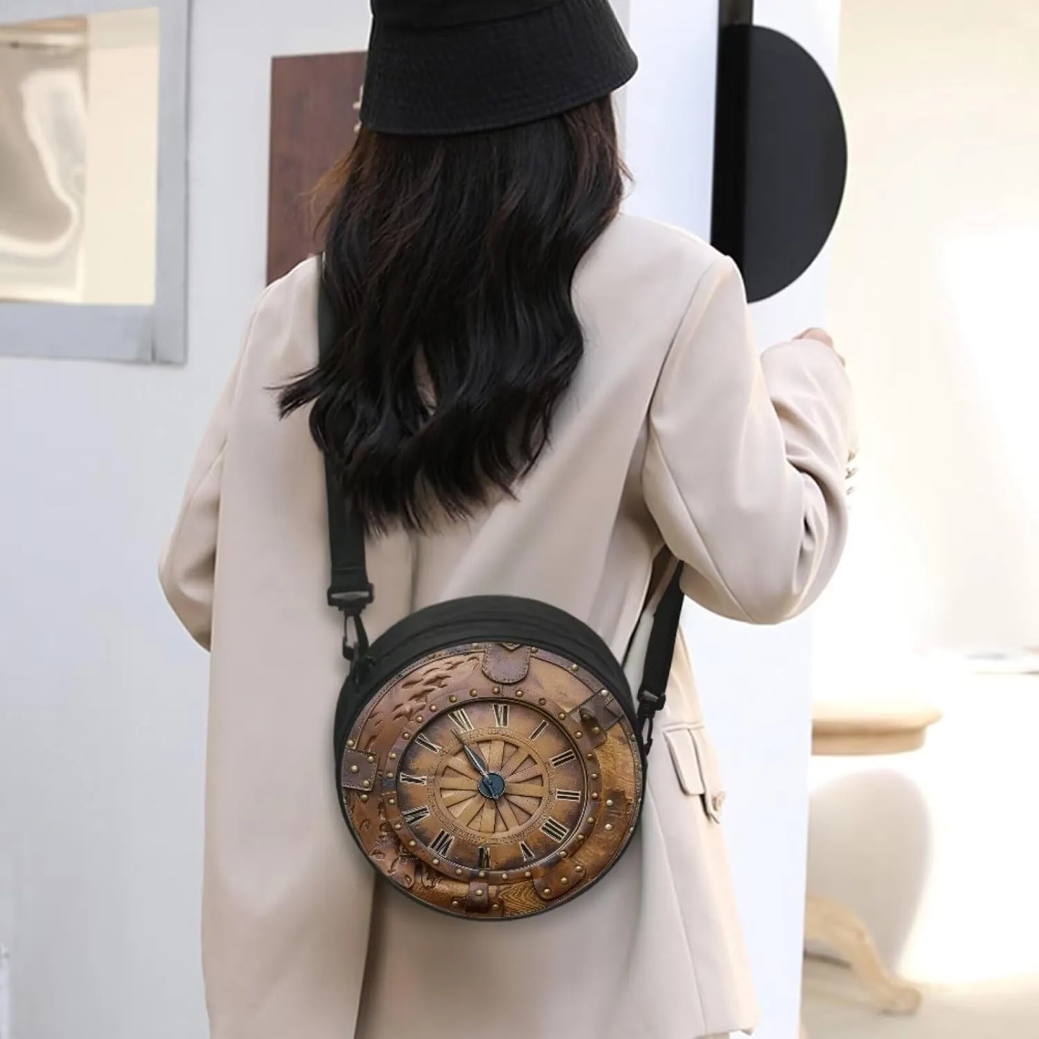 Lotusorchid Clock Print Small Crossbody Bag Round Purse Circle Shoulder Purse for Party Work (Not Real Clock)