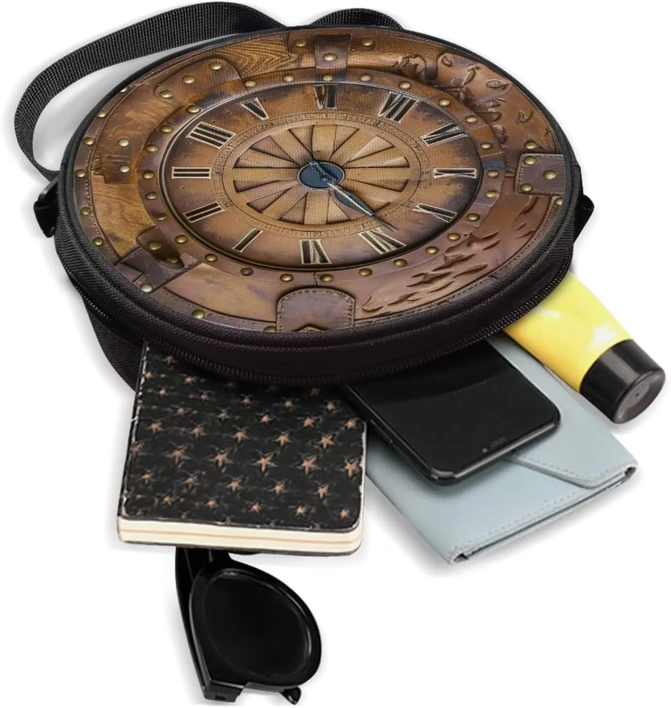 Lotusorchid Clock Print Small Crossbody Bag Round Purse Circle Shoulder Purse for Party Work (Not Real Clock)