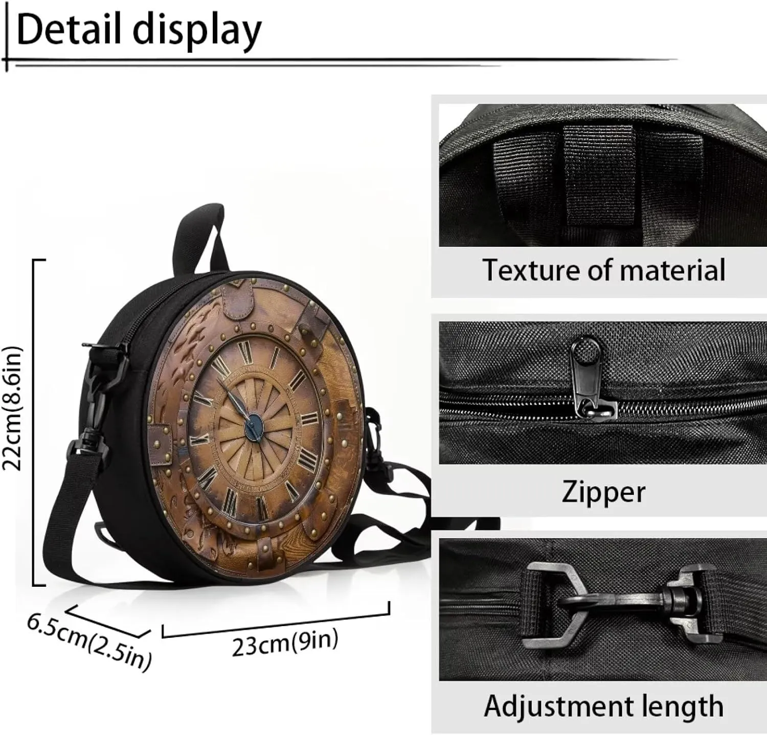 Lotusorchid Clock Print Small Crossbody Bag Round Purse Circle Shoulder Purse for Party Work (Not Real Clock)