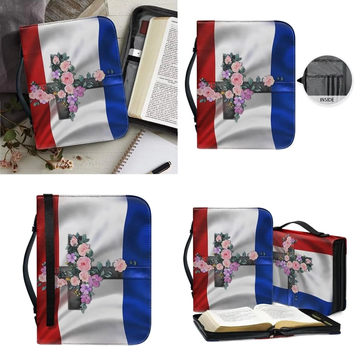 Lotusorchid Netherlands Dutch Flag Bible Cover Case with Leather Keychain, Cross Print Bible Tote Bag Bible Book Cover Bible Carrying Case for Bible Study, Large Church Bag Bible Accessories, Size M