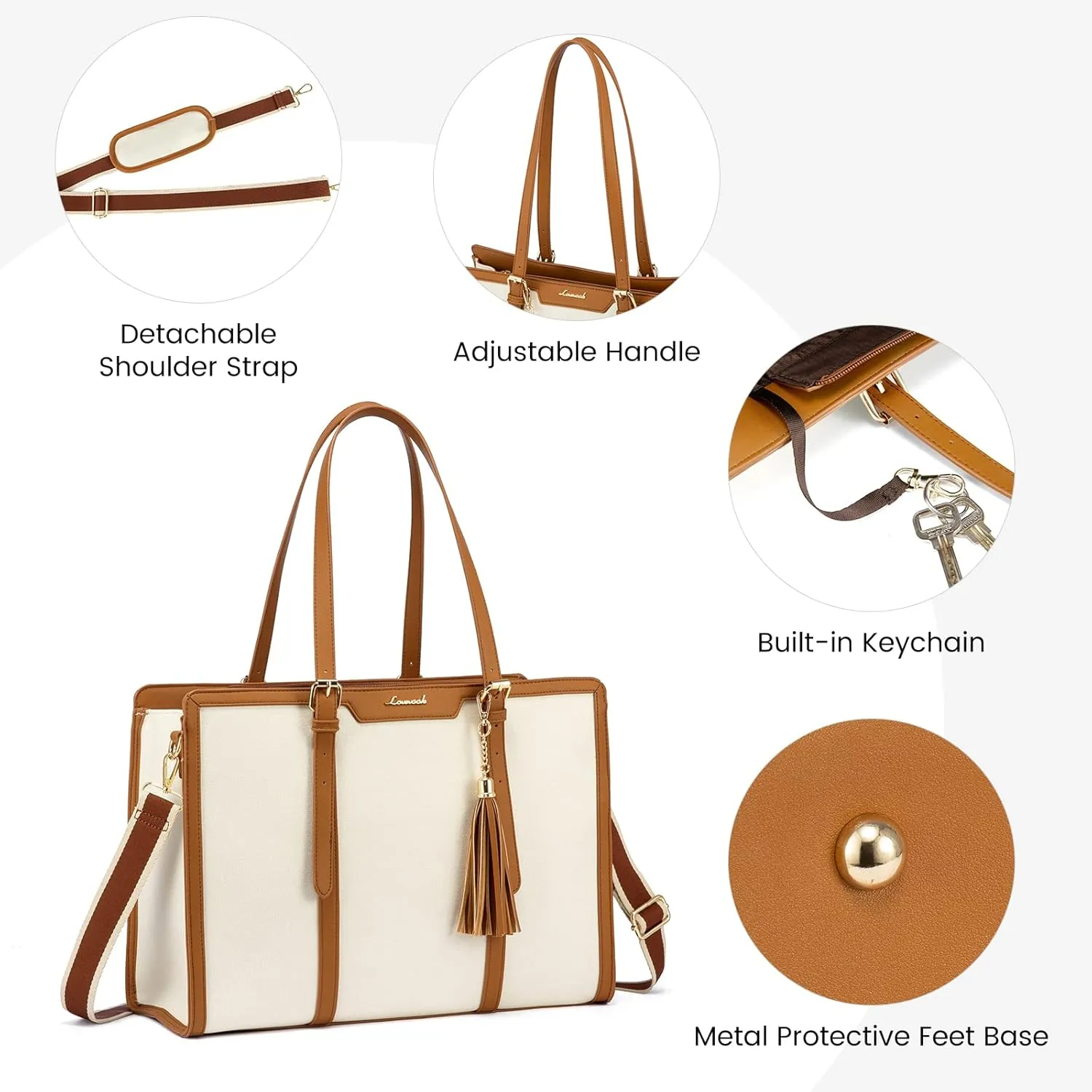 LOVEVOOK Laptop Bag for Women - 15.6 inch Lightweight Canvas Laptop Tote, Large Capacity Computer Bag with Clutch Purse for Business, Work, Travel, School, Casual Beige