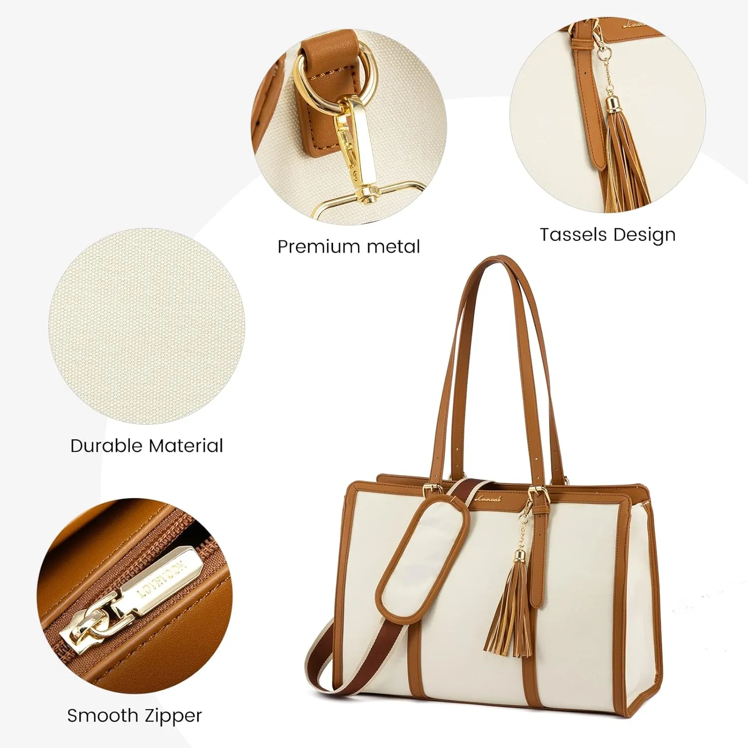 LOVEVOOK Laptop Bag for Women - 15.6 inch Lightweight Canvas Laptop Tote, Large Capacity Computer Bag with Clutch Purse for Business, Work, Travel, School, Casual Beige