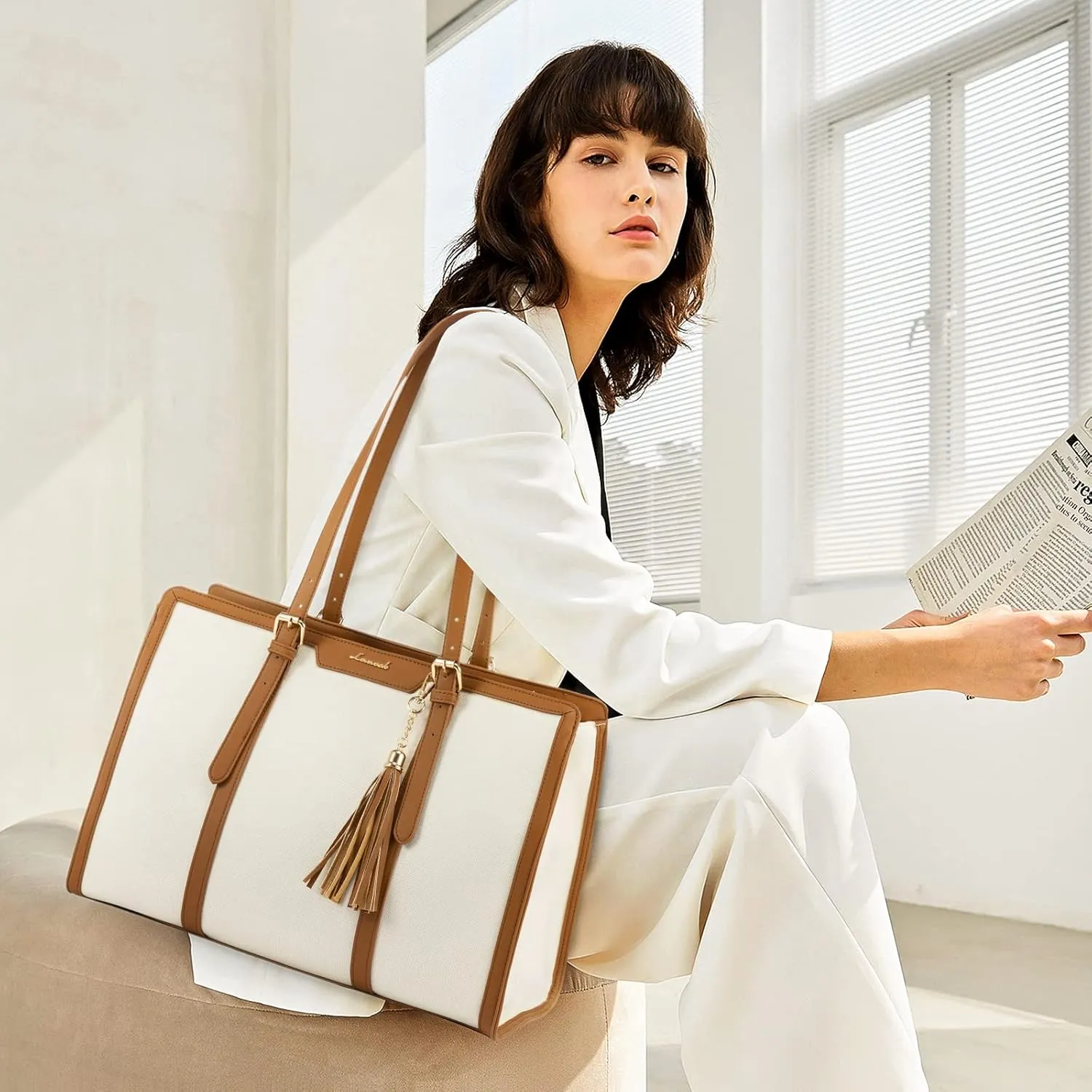 LOVEVOOK Laptop Bag for Women - 15.6 inch Lightweight Canvas Laptop Tote, Large Capacity Computer Bag with Clutch Purse for Business, Work, Travel, School, Casual Beige
