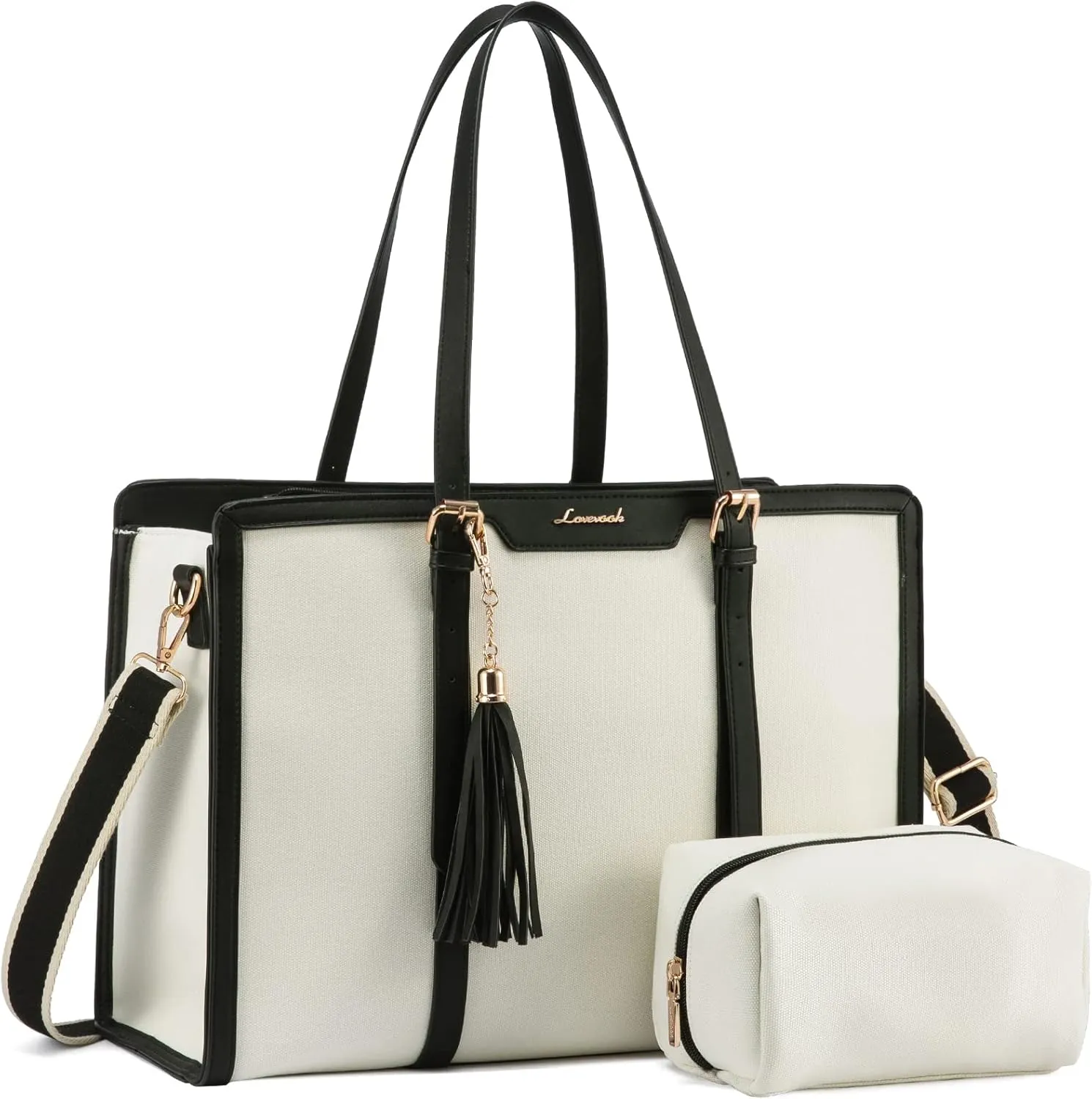 LOVEVOOK Laptop Bag for Women - 17 inch Lightweight Canvas Laptop Tote, Large Capacity Computer Bag with Clutch Purse for Business, Work, Travel, School (Beige & Black, 17 Inch)