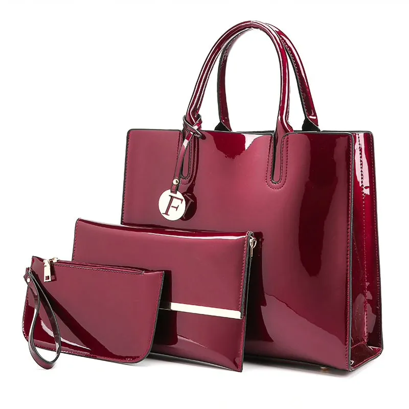 Luxury Patent Leather Handbags 3pcs Lacquered Shoulder Crossbody Bag For Women Casual Tote Messenger Bags Set Clutch
