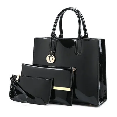 Luxury Patent Leather Handbags 3pcs Lacquered Shoulder Crossbody Bag For Women Casual Tote Messenger Bags Set Clutch