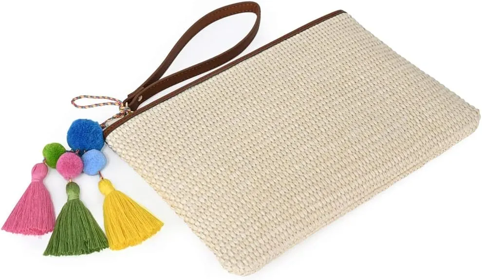 Luxury Straw Wristlet Pouch Beach Clutch Bag Small Summer Vacation Purse w. Colorful Pom Poms Tassels for Women