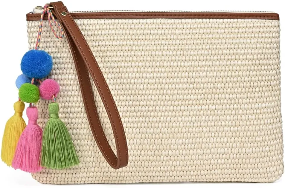 Luxury Straw Wristlet Pouch Beach Clutch Bag Small Summer Vacation Purse w. Colorful Pom Poms Tassels for Women
