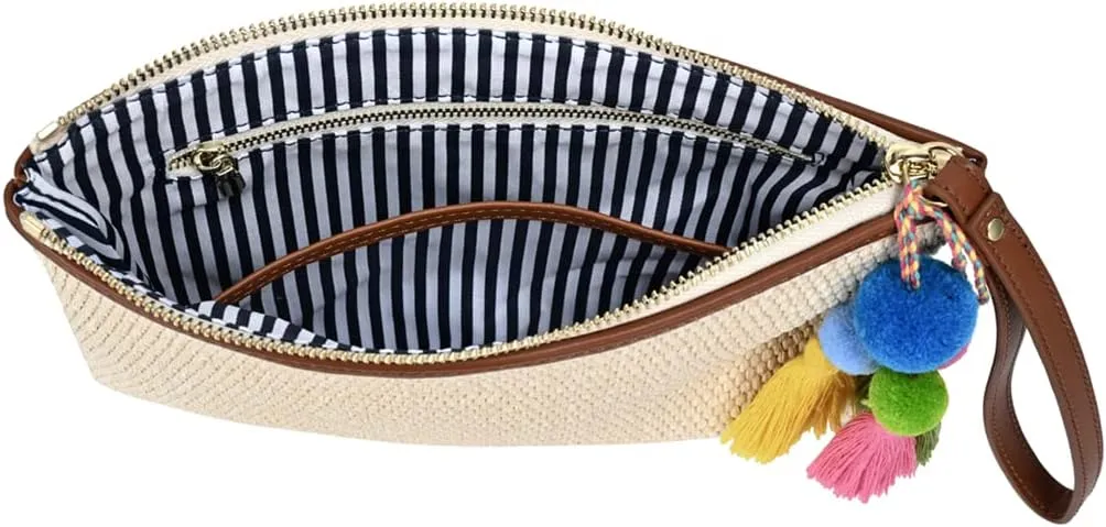 Luxury Straw Wristlet Pouch Beach Clutch Bag Small Summer Vacation Purse w. Colorful Pom Poms Tassels for Women