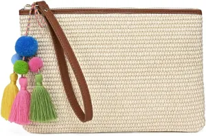Luxury Straw Wristlet Pouch Beach Clutch Bag Small Summer Vacation Purse w. Colorful Pom Poms Tassels for Women